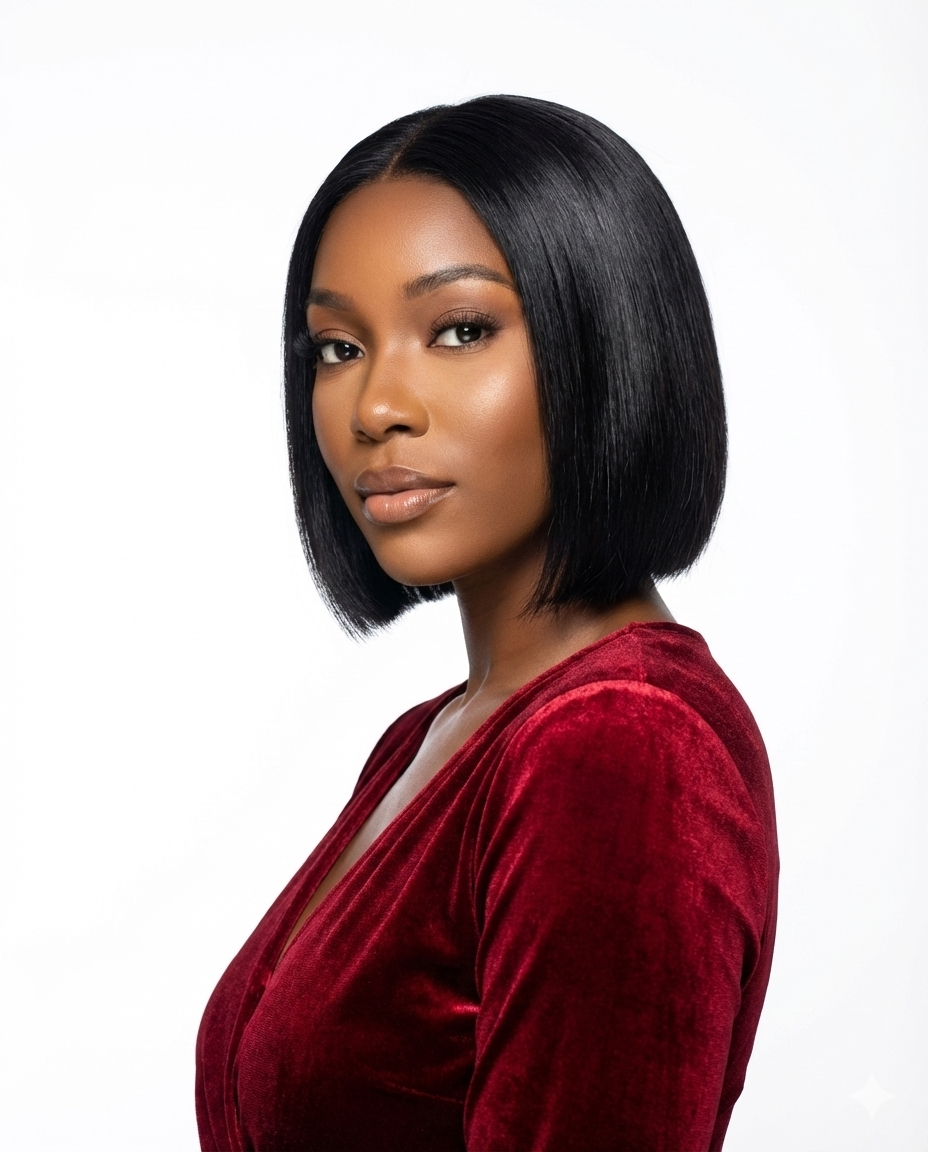 Woman with a short black bob 5x5 10 inches hairstyle wearing a red velvet top on a white background 