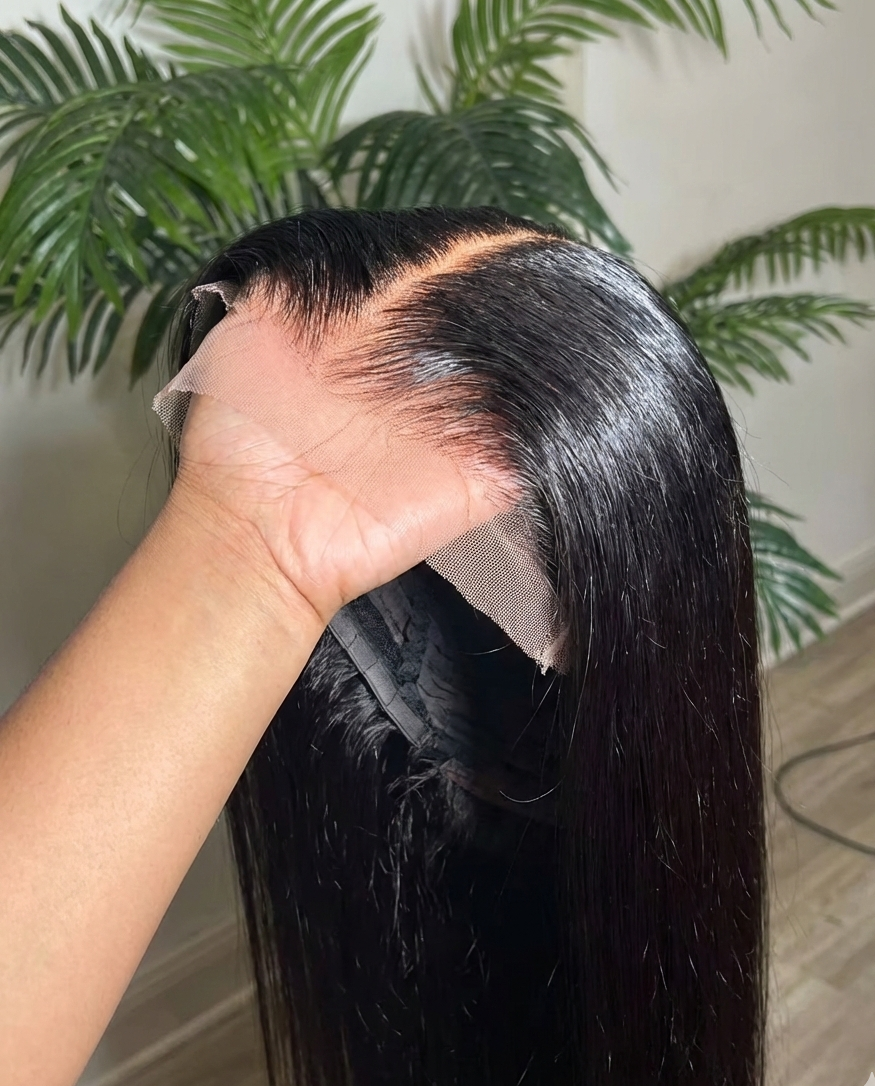 Person holding a black hair wig with a blurred green plant background