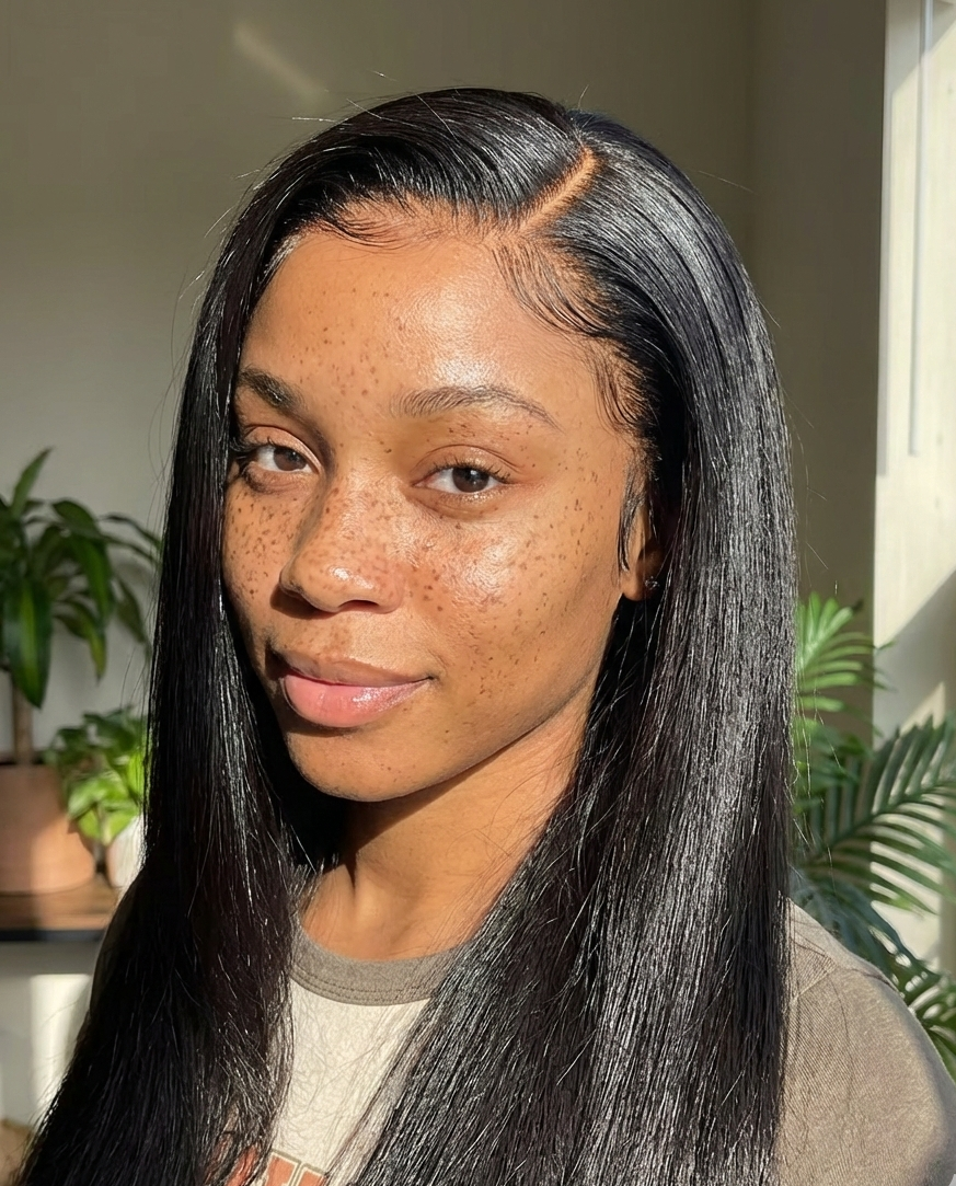Woman with long straight black hair in an indoor setting with plants.