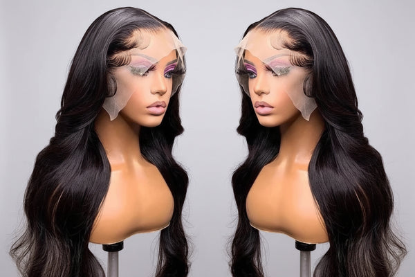 Black wavy wig on a mannequin head with a neutral background