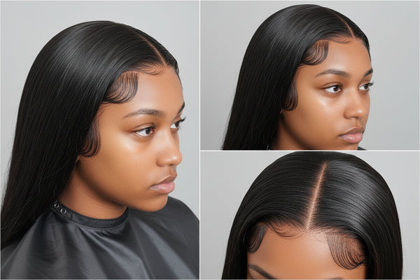 Collage of a person with a lace front wig, showing different angles.