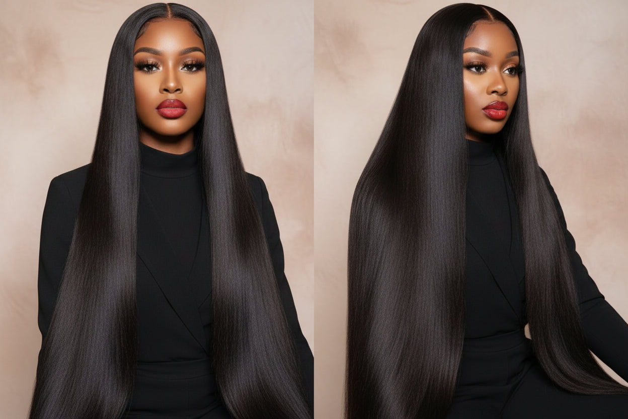Side-by-side comparison of a woman with long straight hair against a beige background