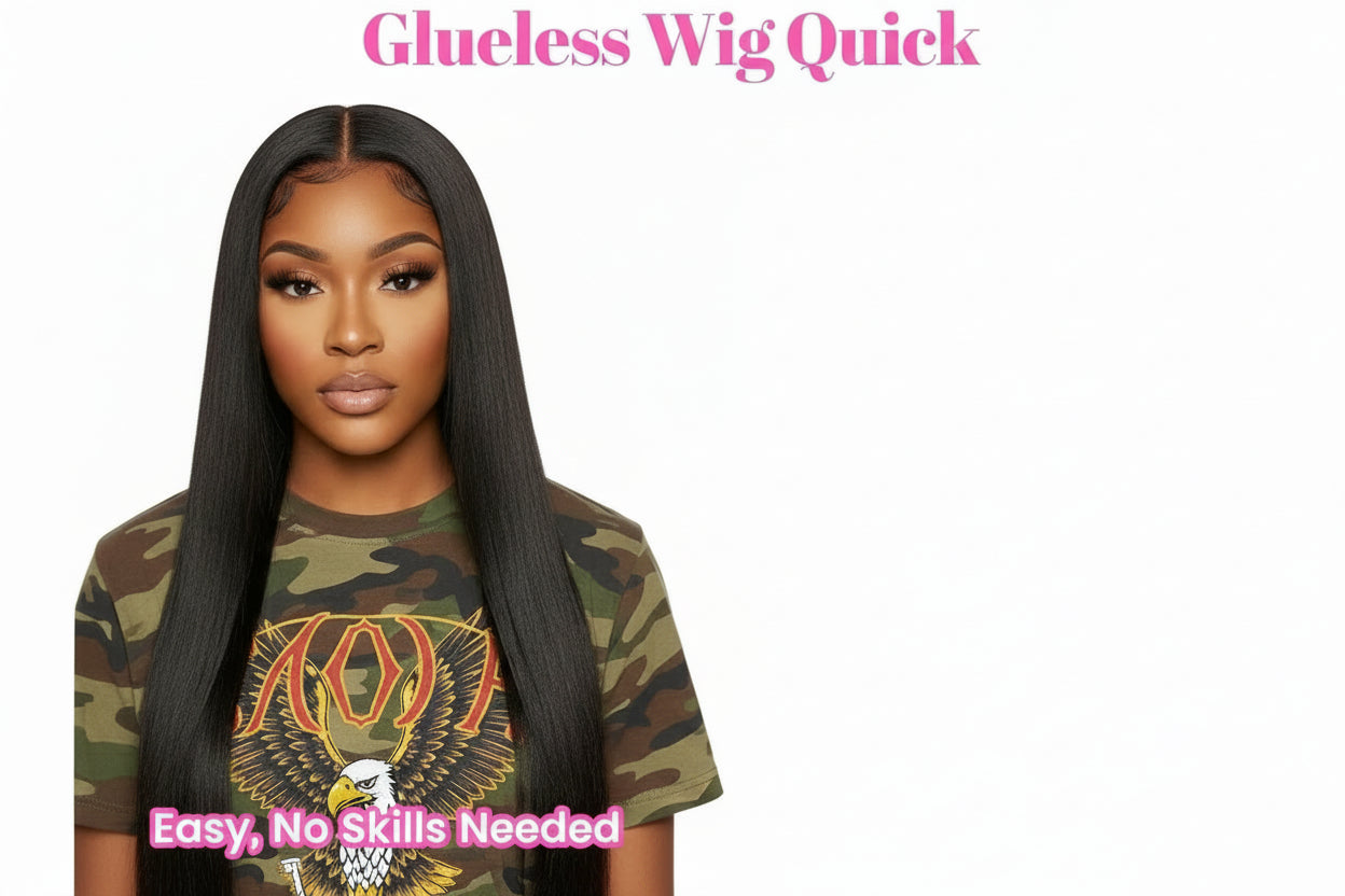 Woman with long black hair and close-up of wig lace with text about glueless wig quick and pre-cut HD lace.
