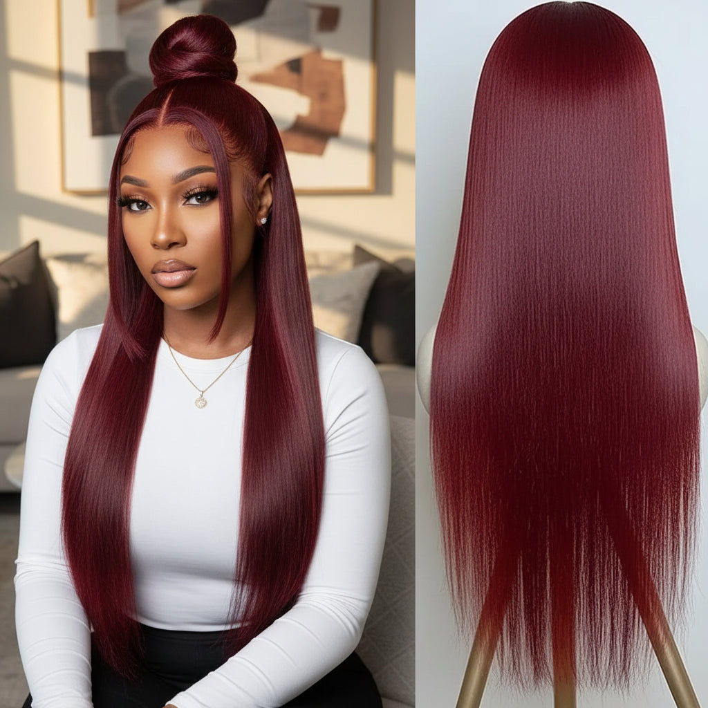 Woman with burgundy hair styled in a high bun, next to a close-up of the hair extension.