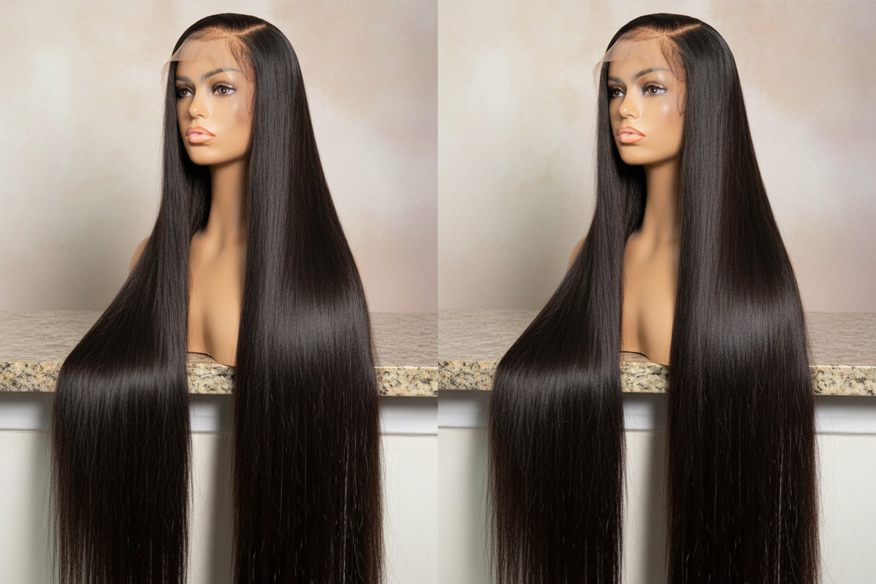 Two views of a straight black wig on a mannequin head.