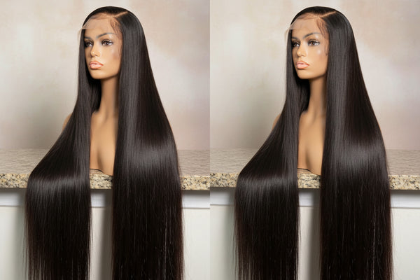 Two views of a straight black wig on a mannequin head.