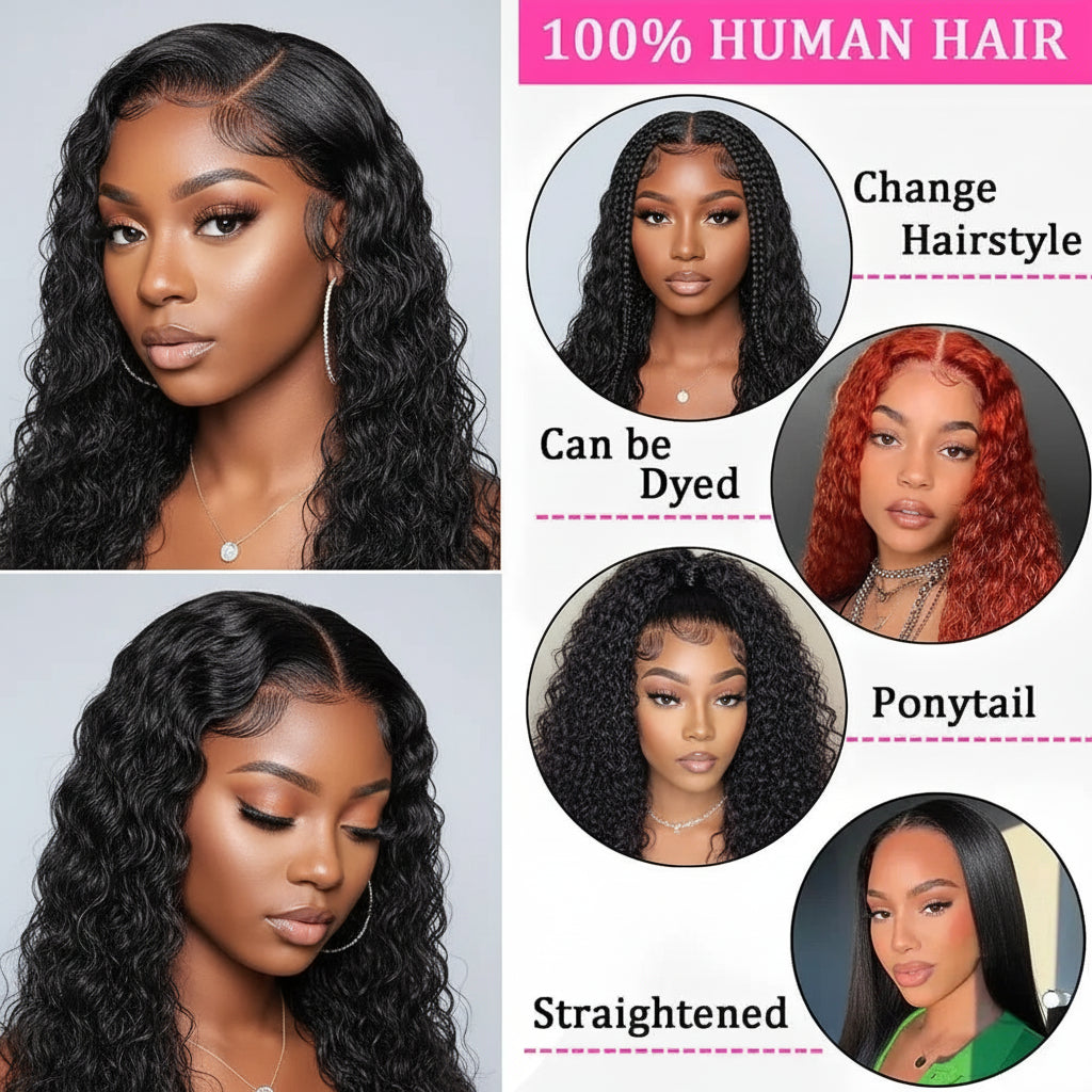 Promotional image of human hair wigs with styling options and a model wearing the hair.