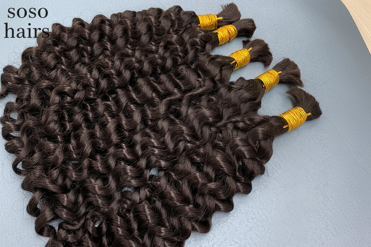 Black curly hair extensions with yellow ties on a gray surface, featuring the Remi Hair brand.