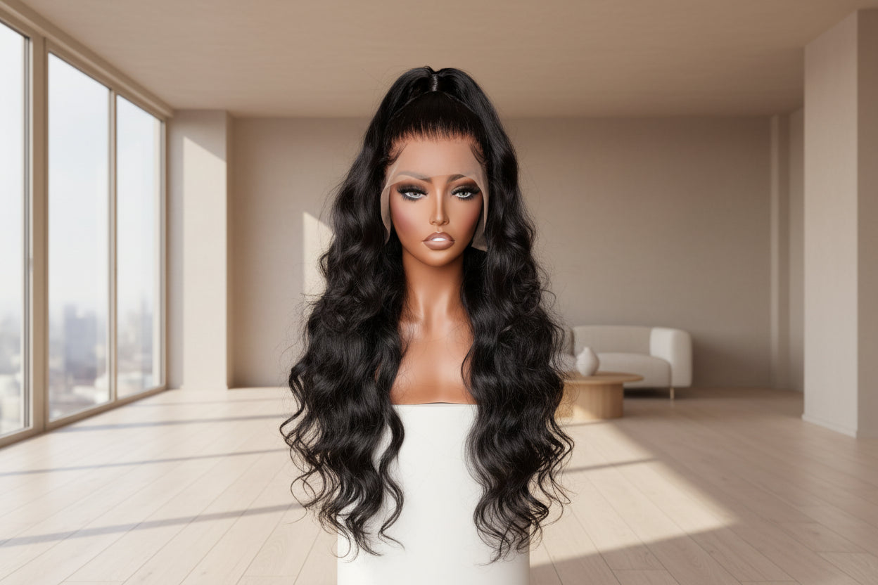 Mannequin head with long black wavy hair and a beige background
