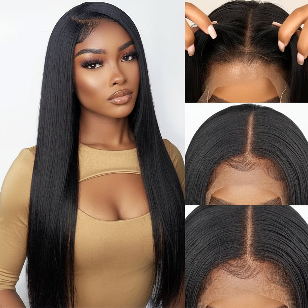 Woman with long black hair and close-up shots of hairline and lace front wig.