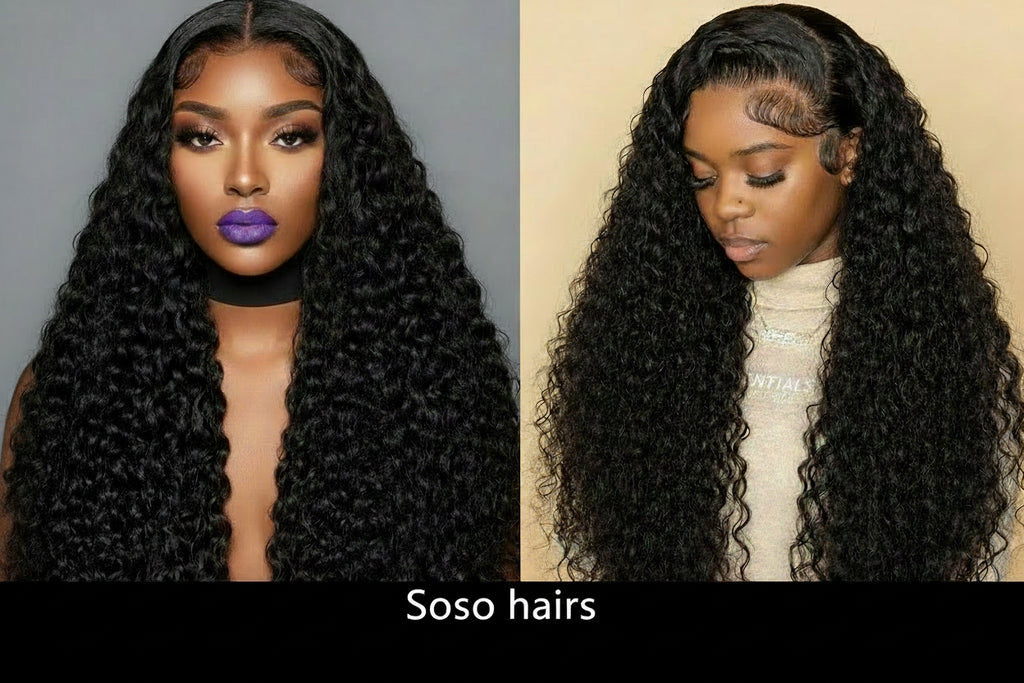 Two views of a person wearing a black wig with a blurred background.