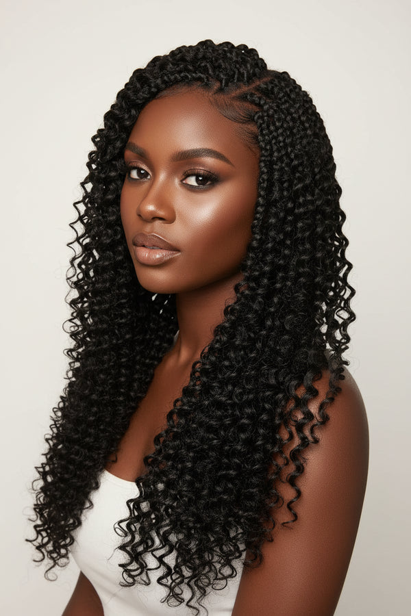 A young black African girl wearing braids using Remi black curl extensions.