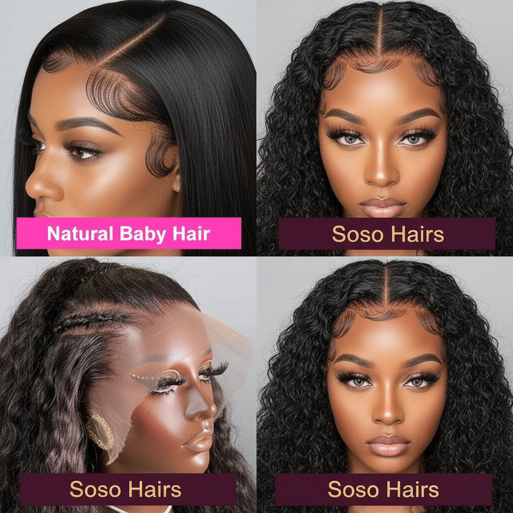 Four different styles of Soso Hairs wigs on mannequins with close-up views.